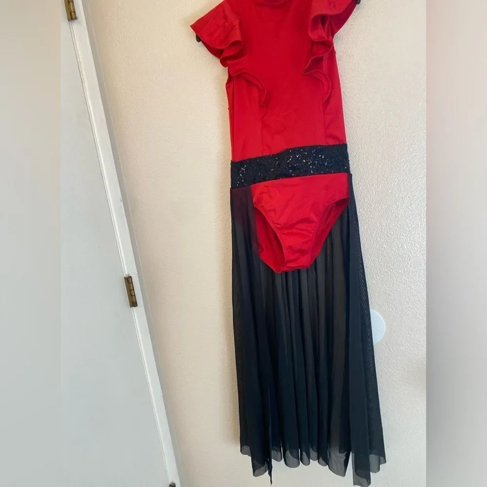 Weissman Elite Dance costume red black maxi mesh dress Alejandro D12165 SA adult